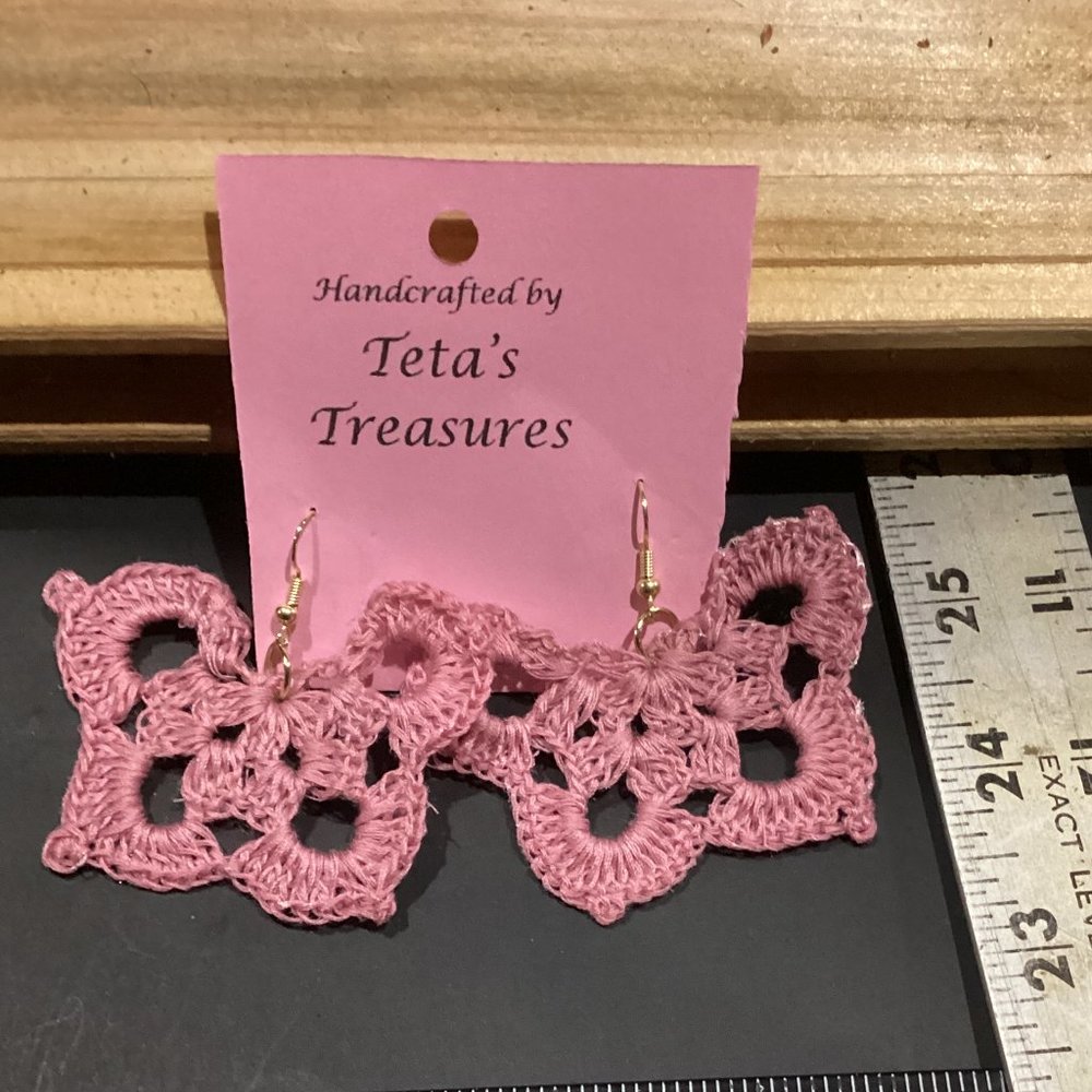 Earrings Rose Pink Butterfly Crocheted Crochet Hand Crafted